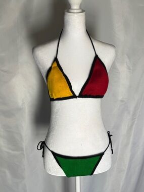 Colorblock Triangle Knit Bikini Set - Red Yellow Green